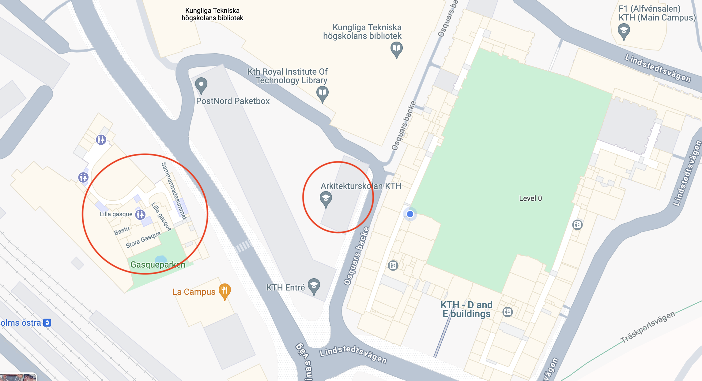 A map of KTH campus with circles for Nymble and Architecture School Building